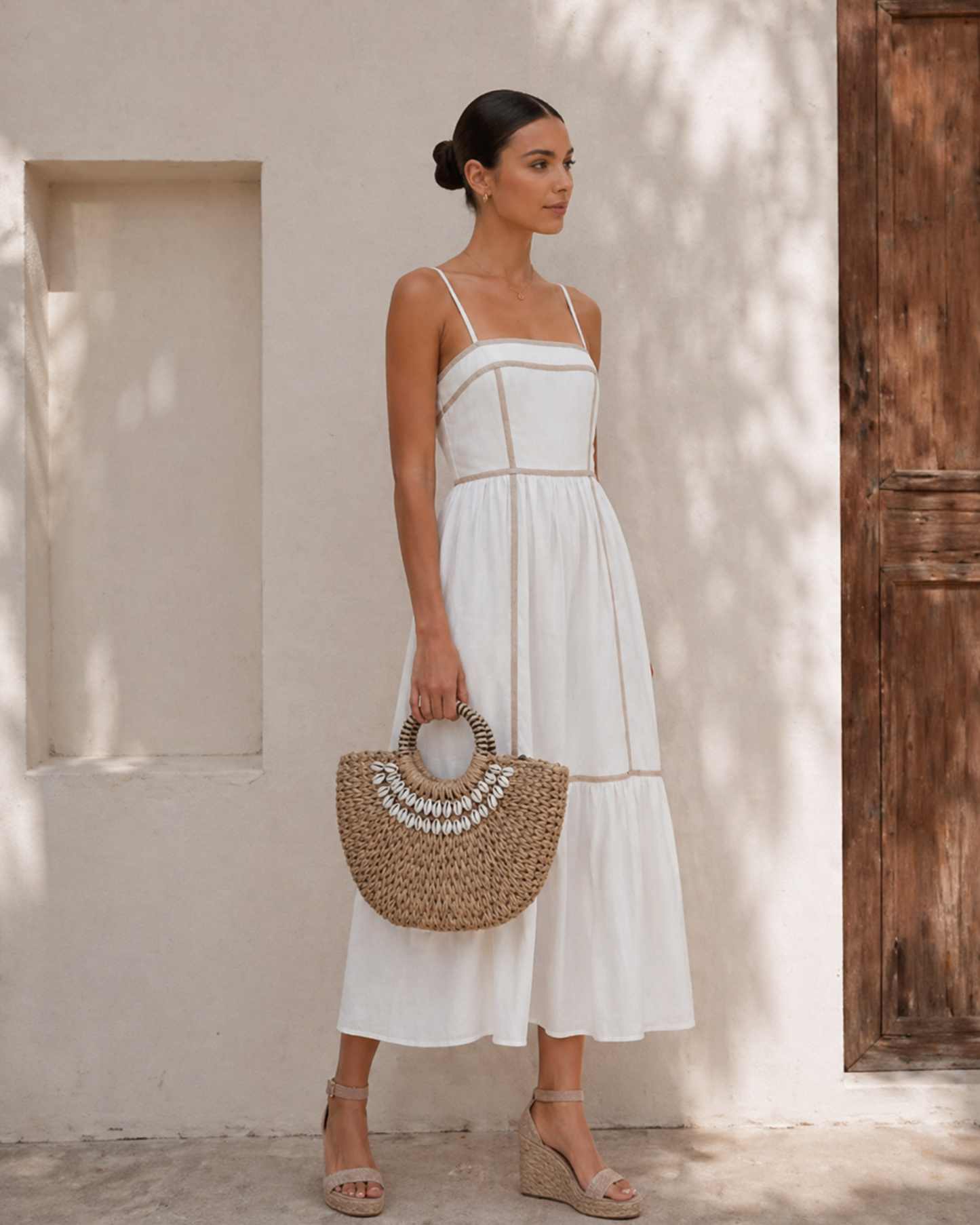 Damen Strohtasche mit Muschel-Details – Sommer Handtasche