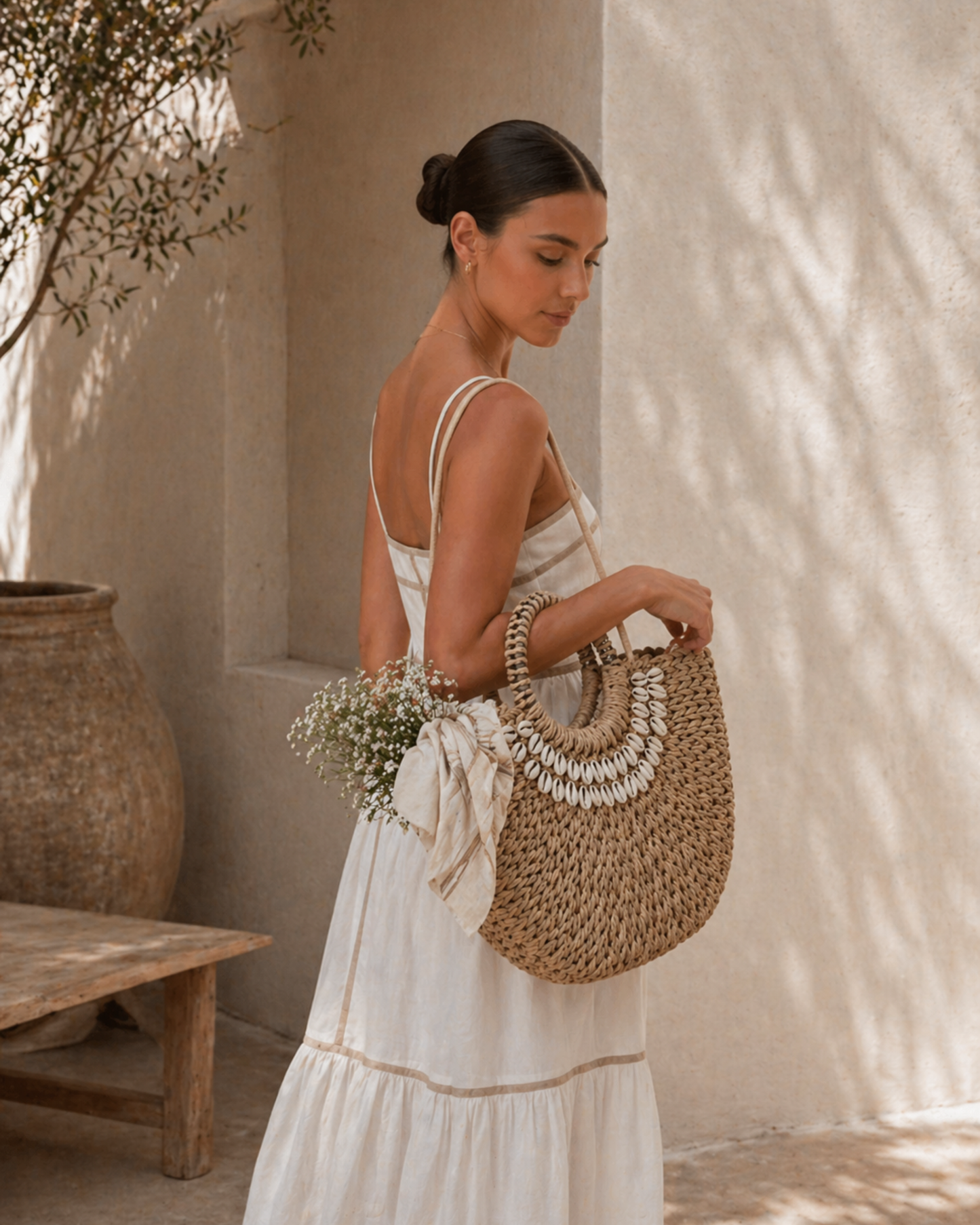 Damen Strohtasche mit Muschel-Details – Sommer Handtasche