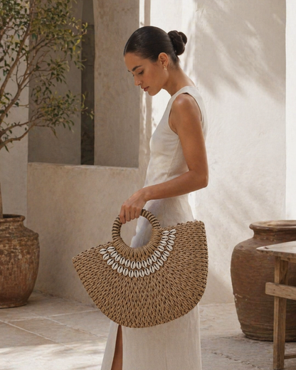 Damen Strohtasche mit Muschel-Details – Sommer Handtasche