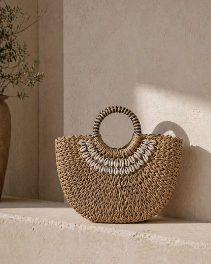 Damen Strohtasche mit Muschel-Details – Sommer Handtasche