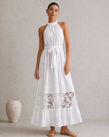 Elegantes Damen Maxikleid mit Spitze und Taillengürtel – Ärmelloses Sommerkleid