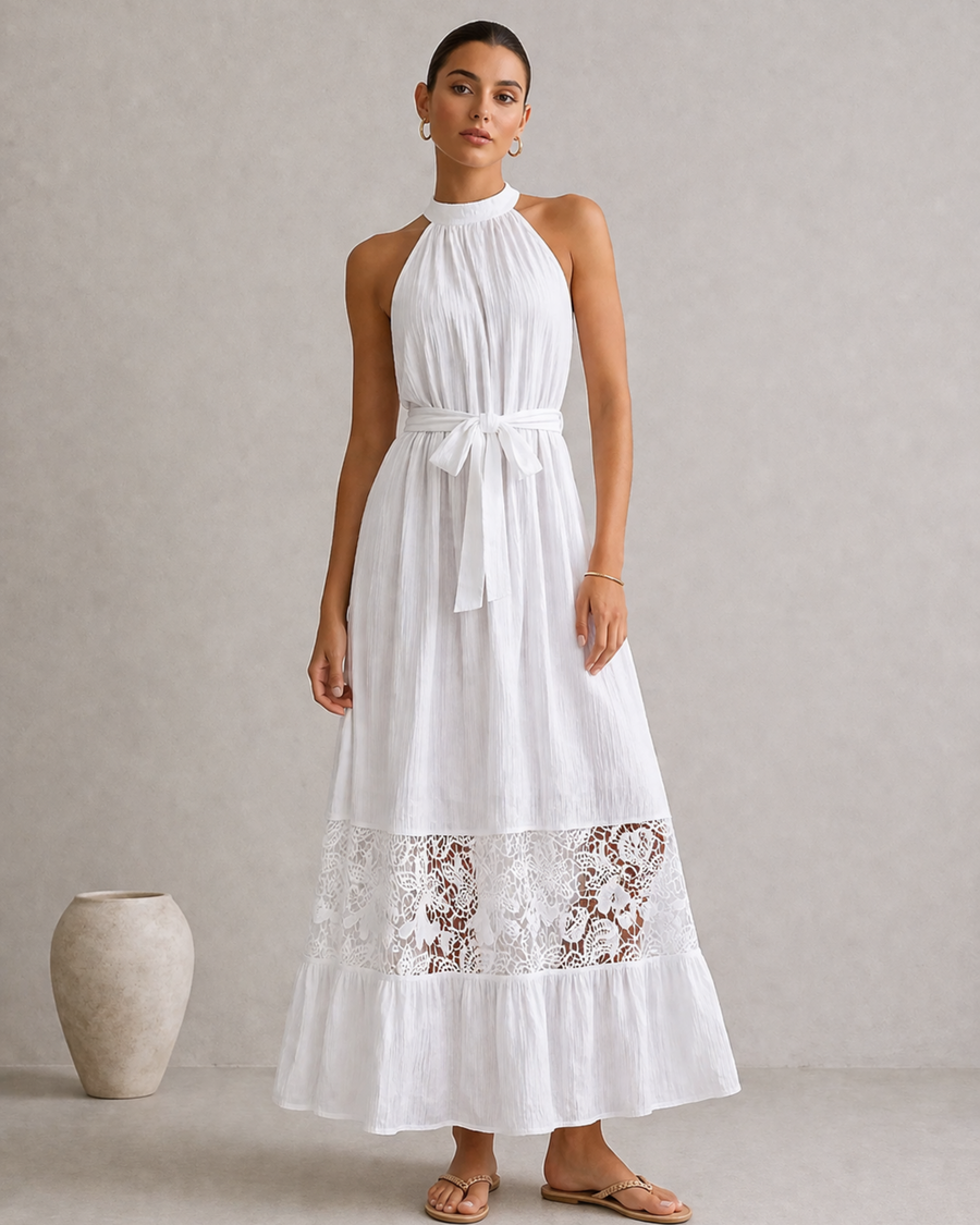 Elegantes Damen Maxikleid mit Spitze und Taillengürtel – Ärmelloses Sommerkleid