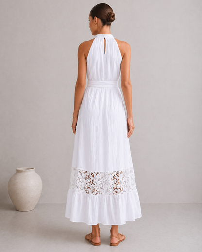 Elegantes Damen Maxikleid mit Spitze und Taillengürtel – Ärmelloses Sommerkleid