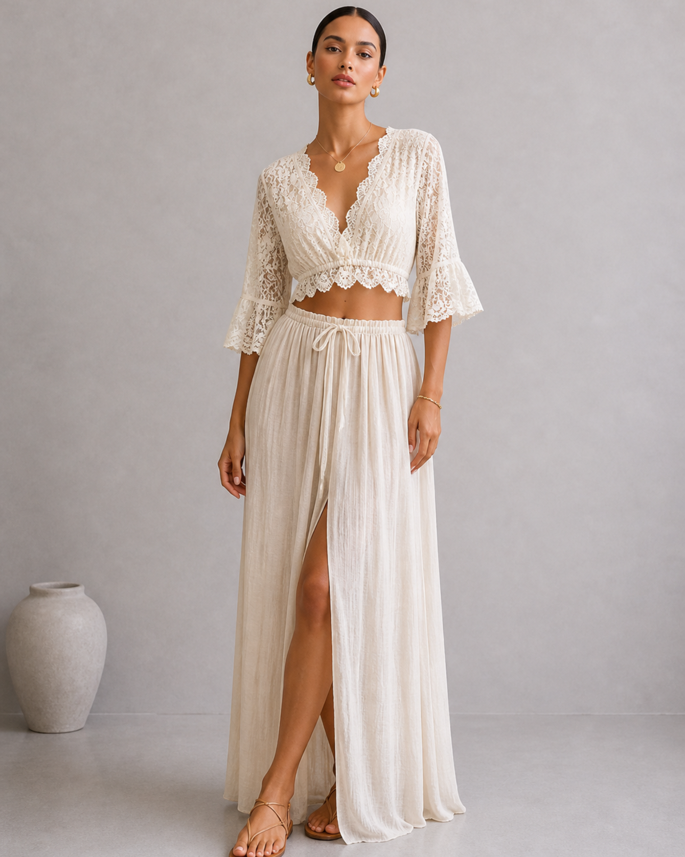 Damen Set Spitzen Crop Top und Maxi Rock mit Schlitz Zweiteiler