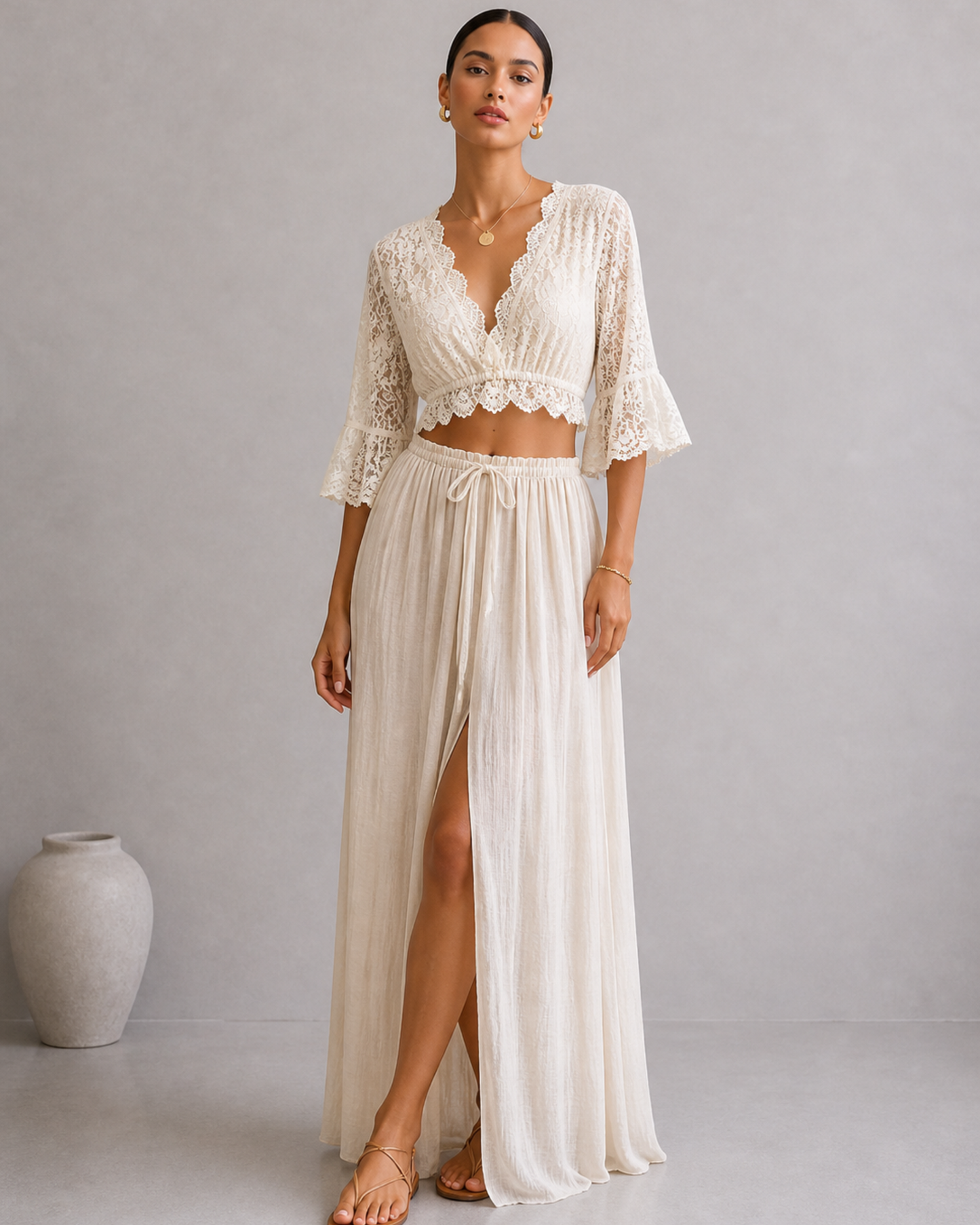 Damen Set Spitzen Crop Top und Maxi Rock mit Schlitz Zweiteiler