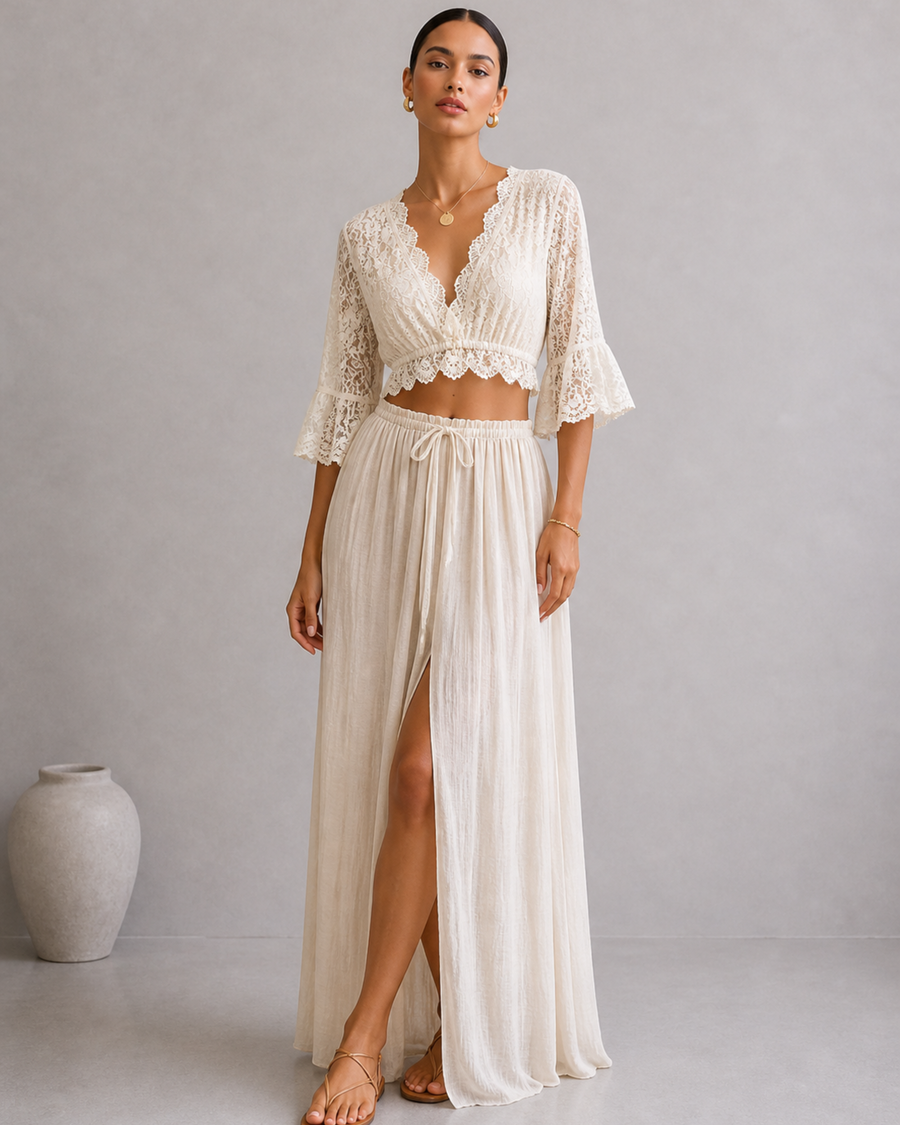 Damen Set Spitzen Crop Top und Maxi Rock mit Schlitz Zweiteiler
