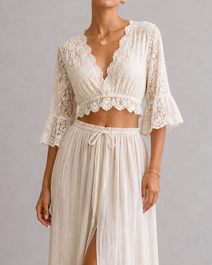 Damen Set Spitzen Crop Top und Maxi Rock mit Schlitz Zweiteiler