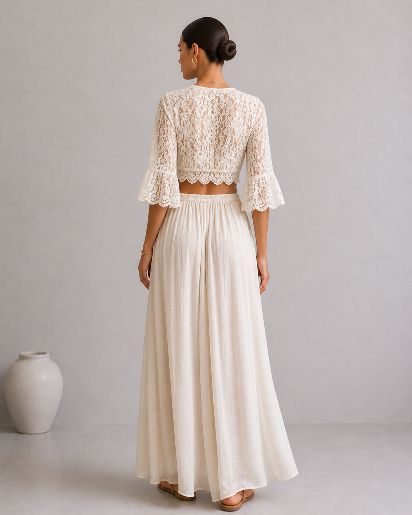 Damen Set Spitzen Crop Top und Maxi Rock mit Schlitz Zweiteiler