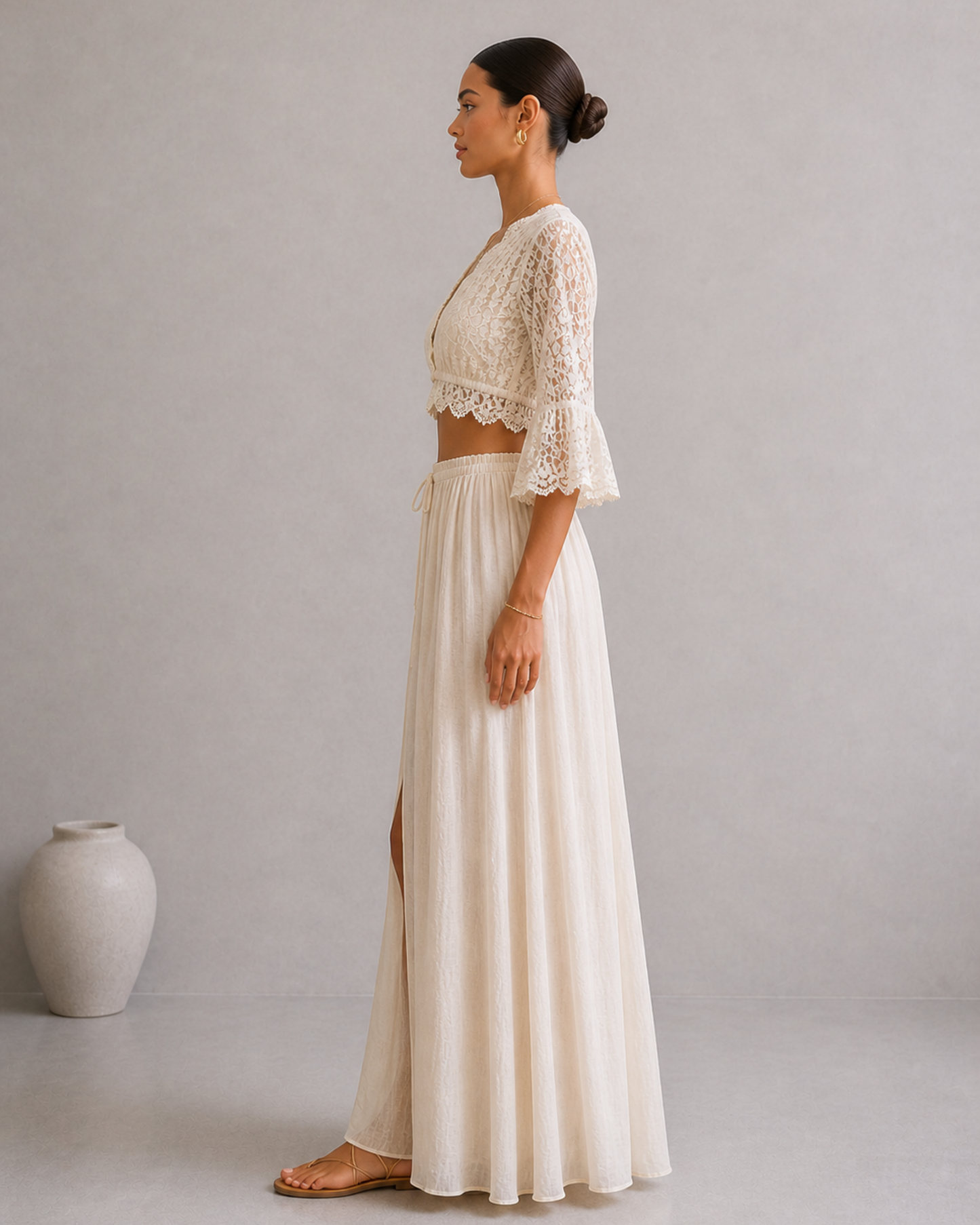 Damen Set Spitzen Crop Top und Maxi Rock mit Schlitz Zweiteiler