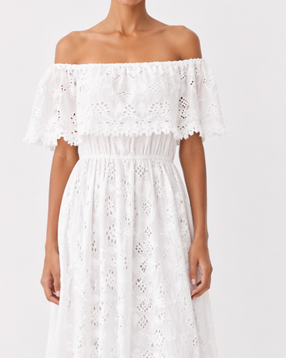 Off-Shoulder Weißes Spitzen Maxi Kleid