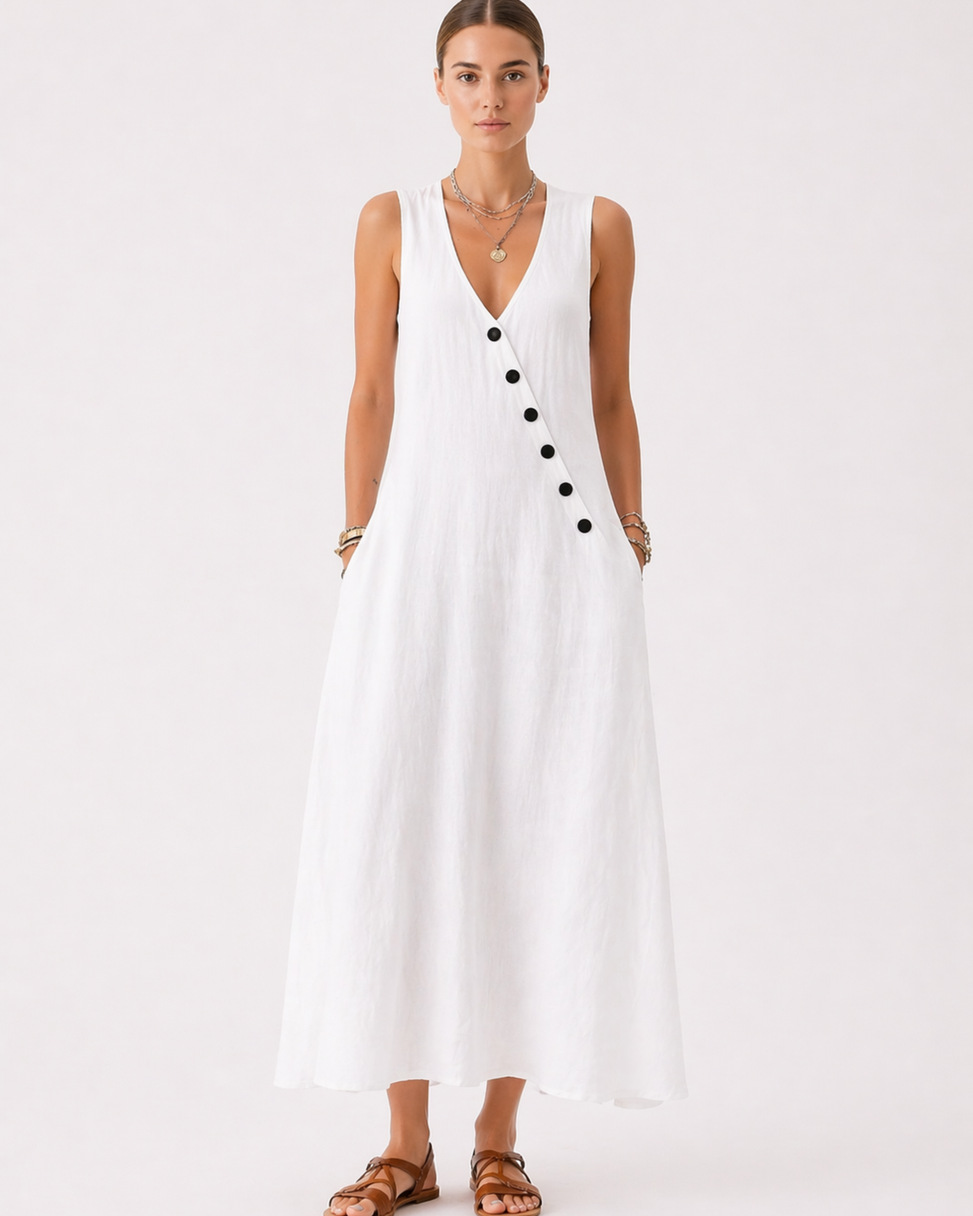 Ärmelloses Weißes Midi Kleid mit Knopfleiste