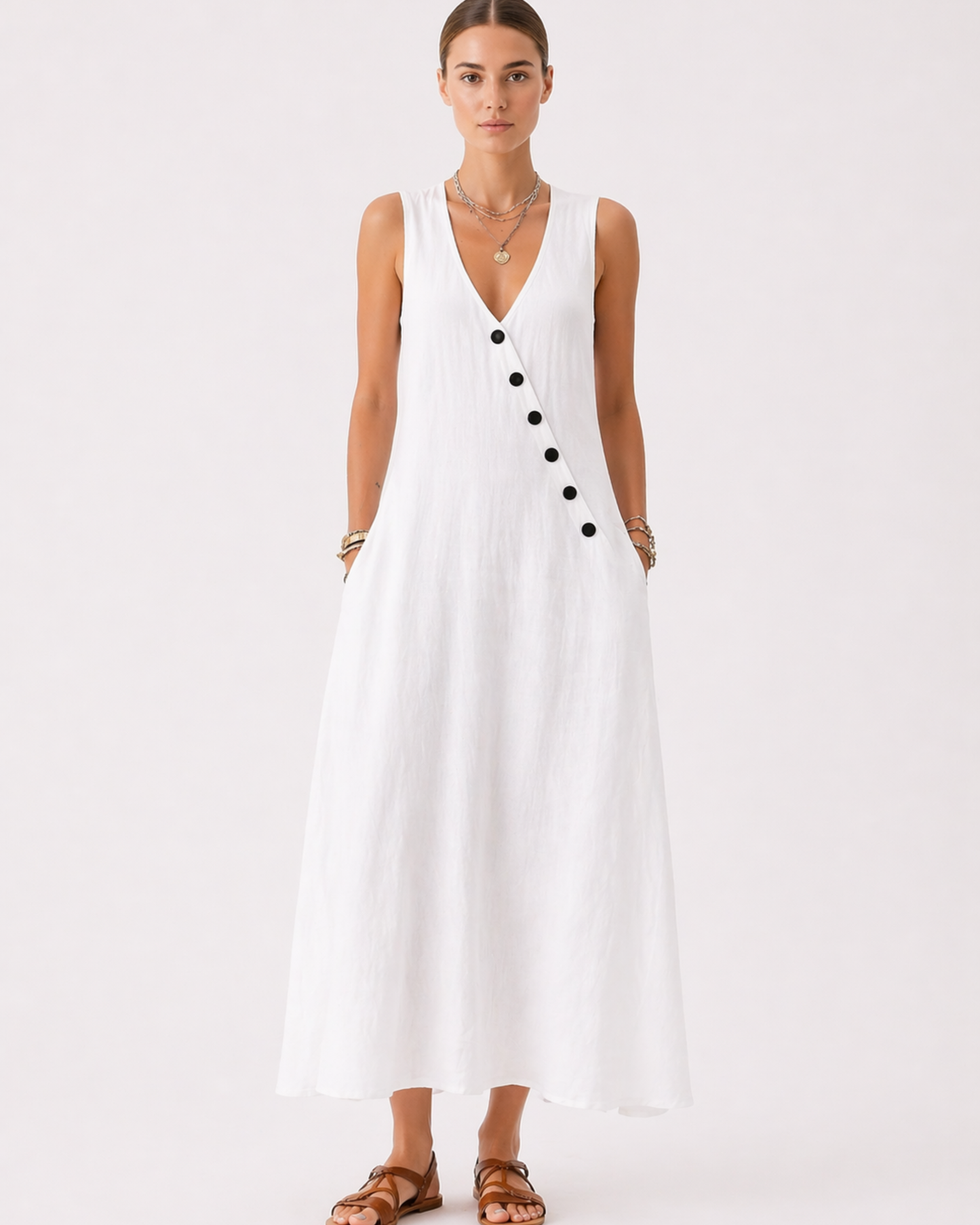 Ärmelloses Weißes Midi Kleid mit Knopfleiste