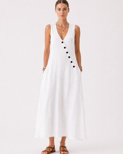 Ärmelloses Weißes Midi Kleid mit Knopfleiste