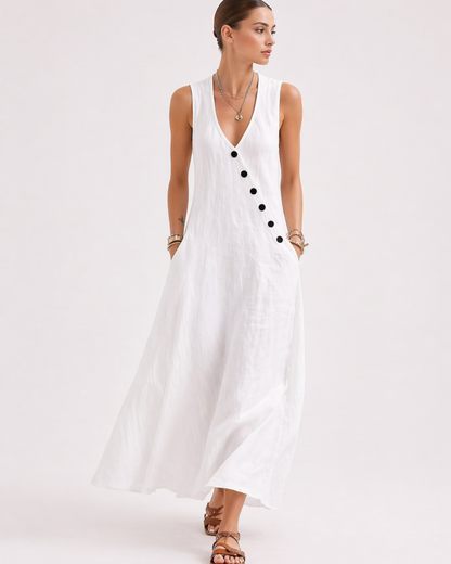 Ärmelloses Weißes Midi Kleid mit Knopfleiste