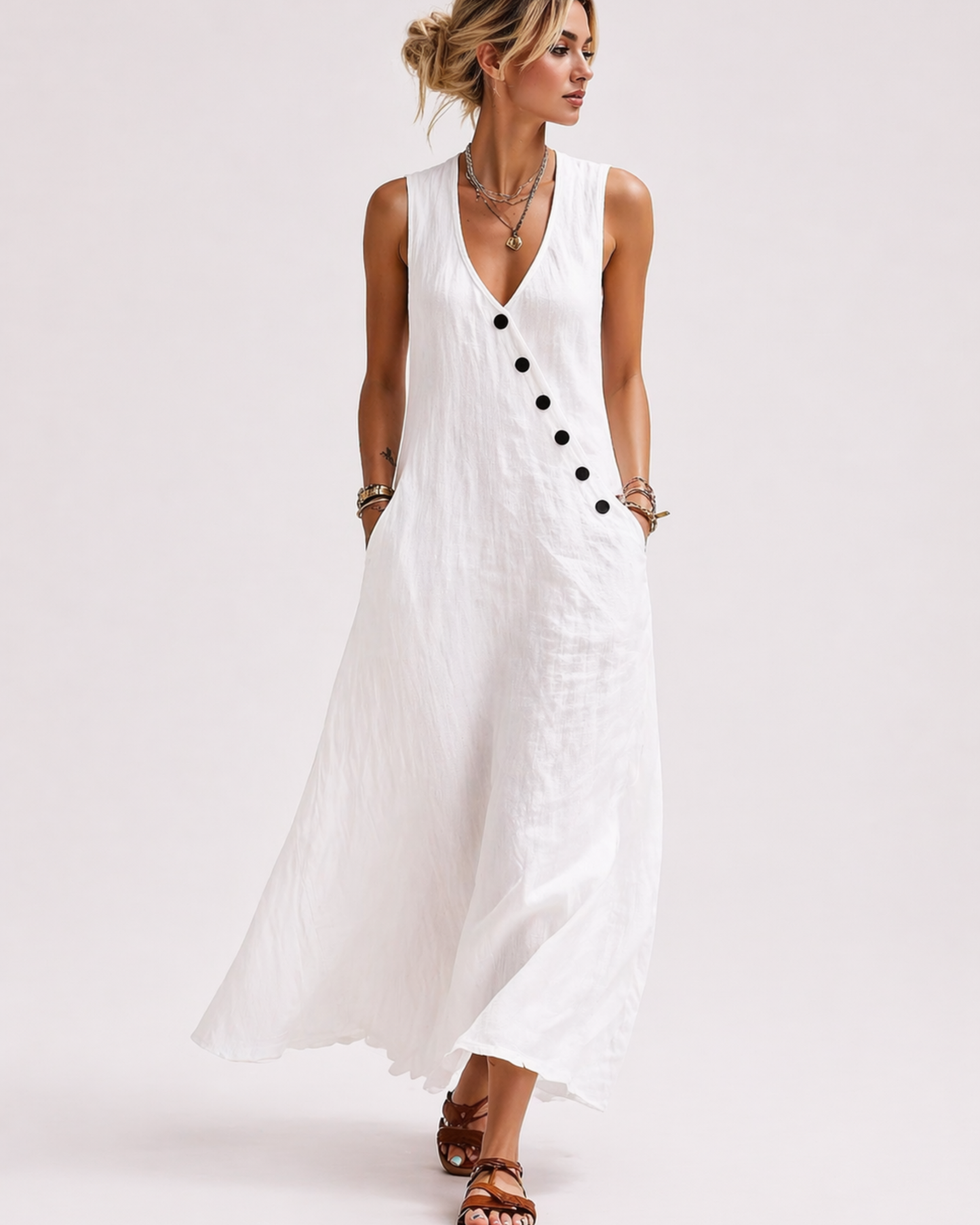 Ärmelloses Weißes Midi Kleid mit Knopfleiste
