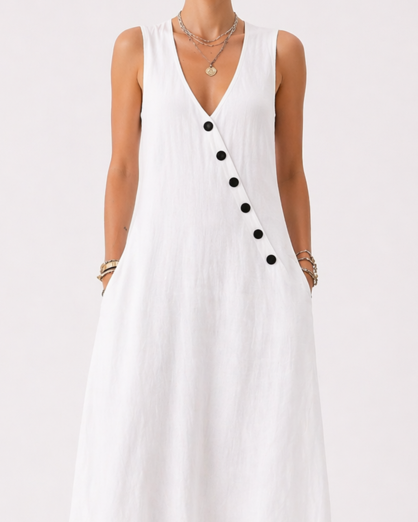 Ärmelloses Weißes Midi Kleid mit Knopfleiste