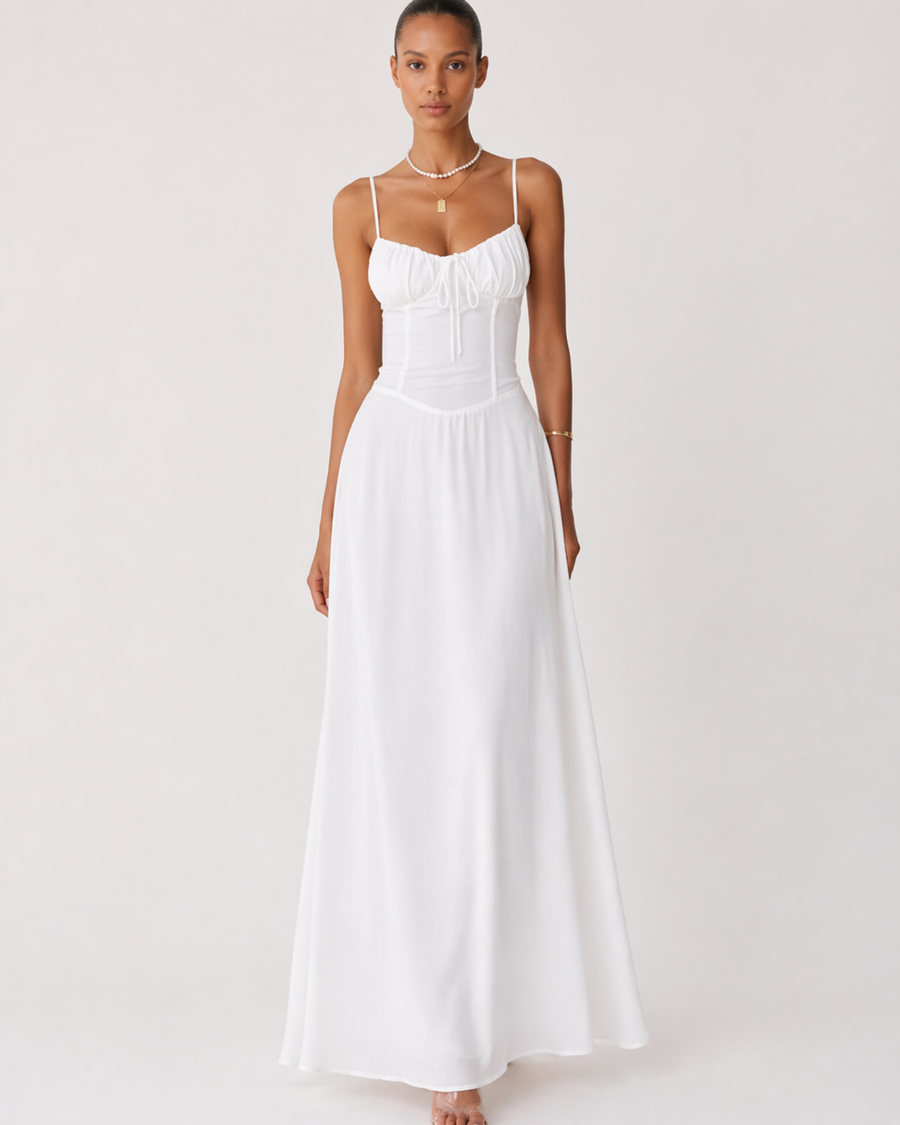 Weißes Maxi Kleid mit Spaghettiträgern und Schleife