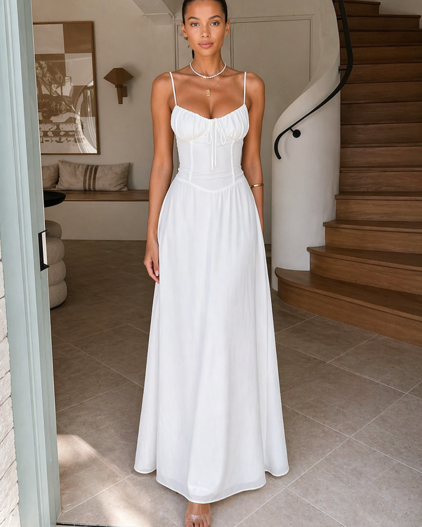 Weißes Maxi Kleid mit Spaghettiträgern und Schleife