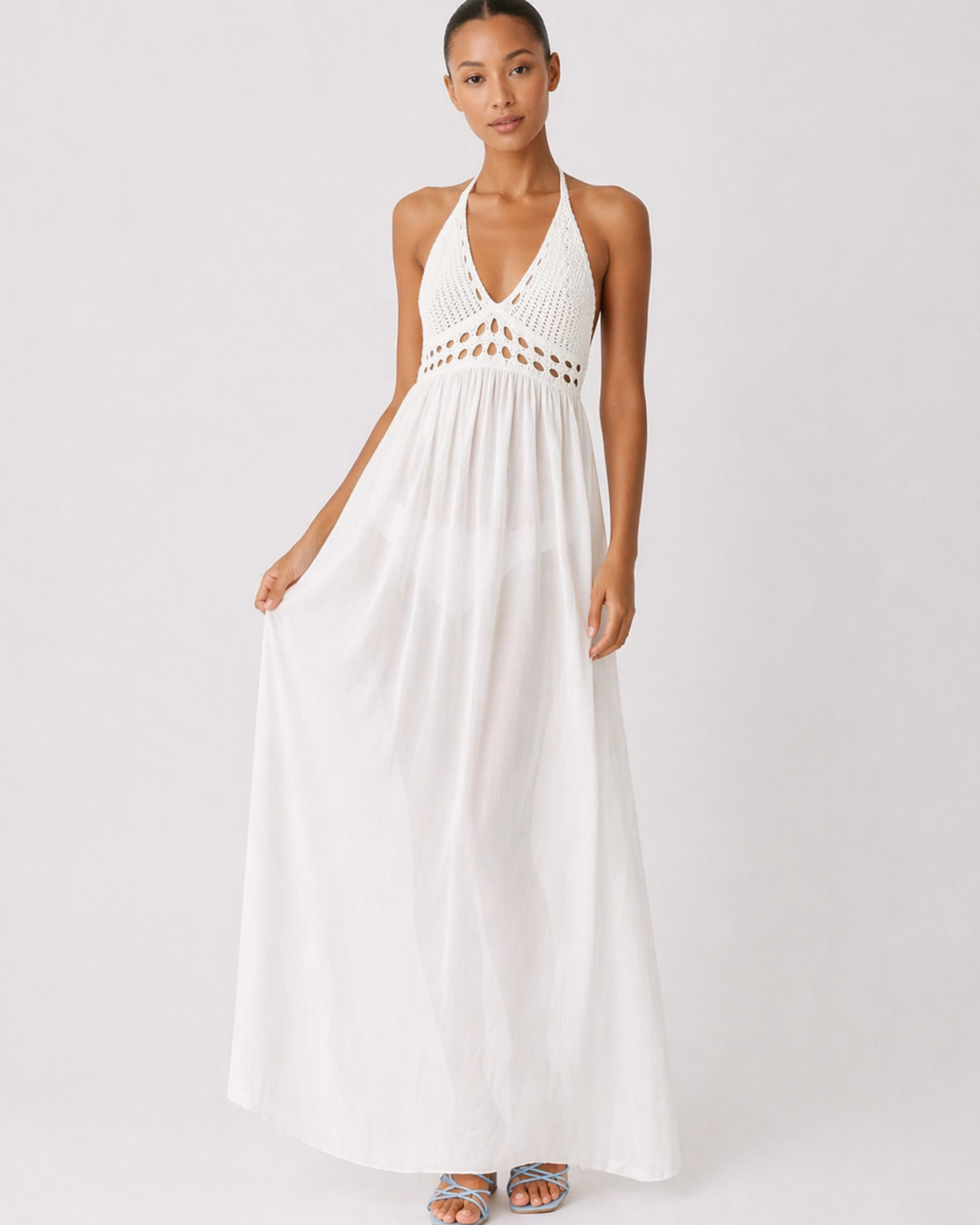 Weißes Häkel Maxi Strandkleid mit Neckholder