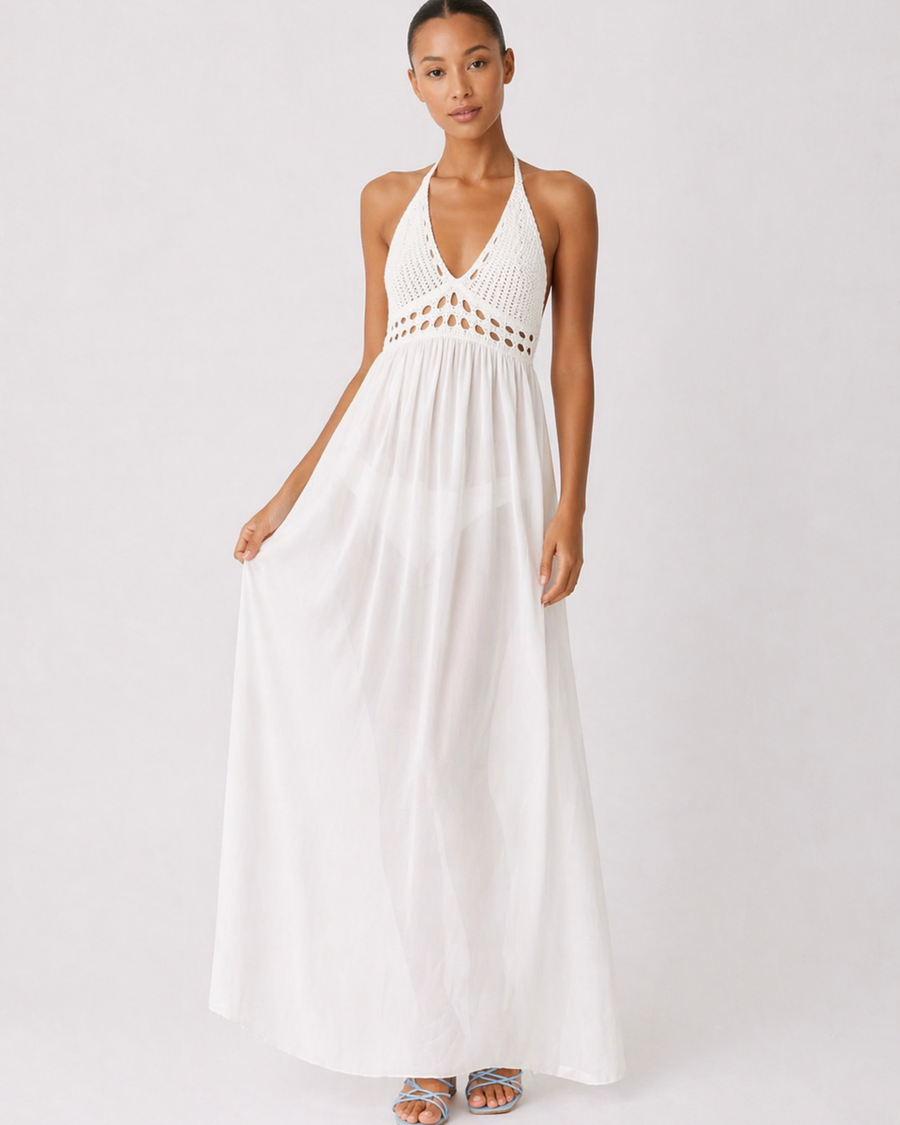 Weißes Häkel Maxi Strandkleid mit Neckholder