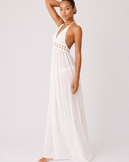 Weißes Häkel Maxi Strandkleid mit Neckholder