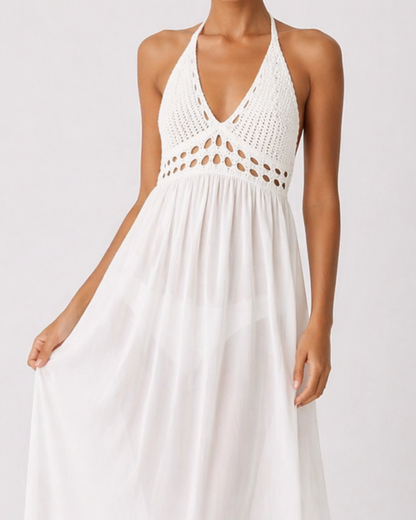 Weißes Häkel Maxi Strandkleid mit Neckholder