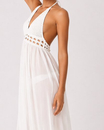Weißes Häkel Maxi Strandkleid mit Neckholder