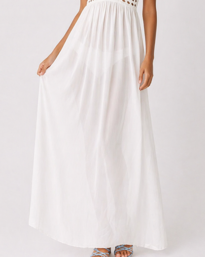 Weißes Häkel Maxi Strandkleid mit Neckholder
