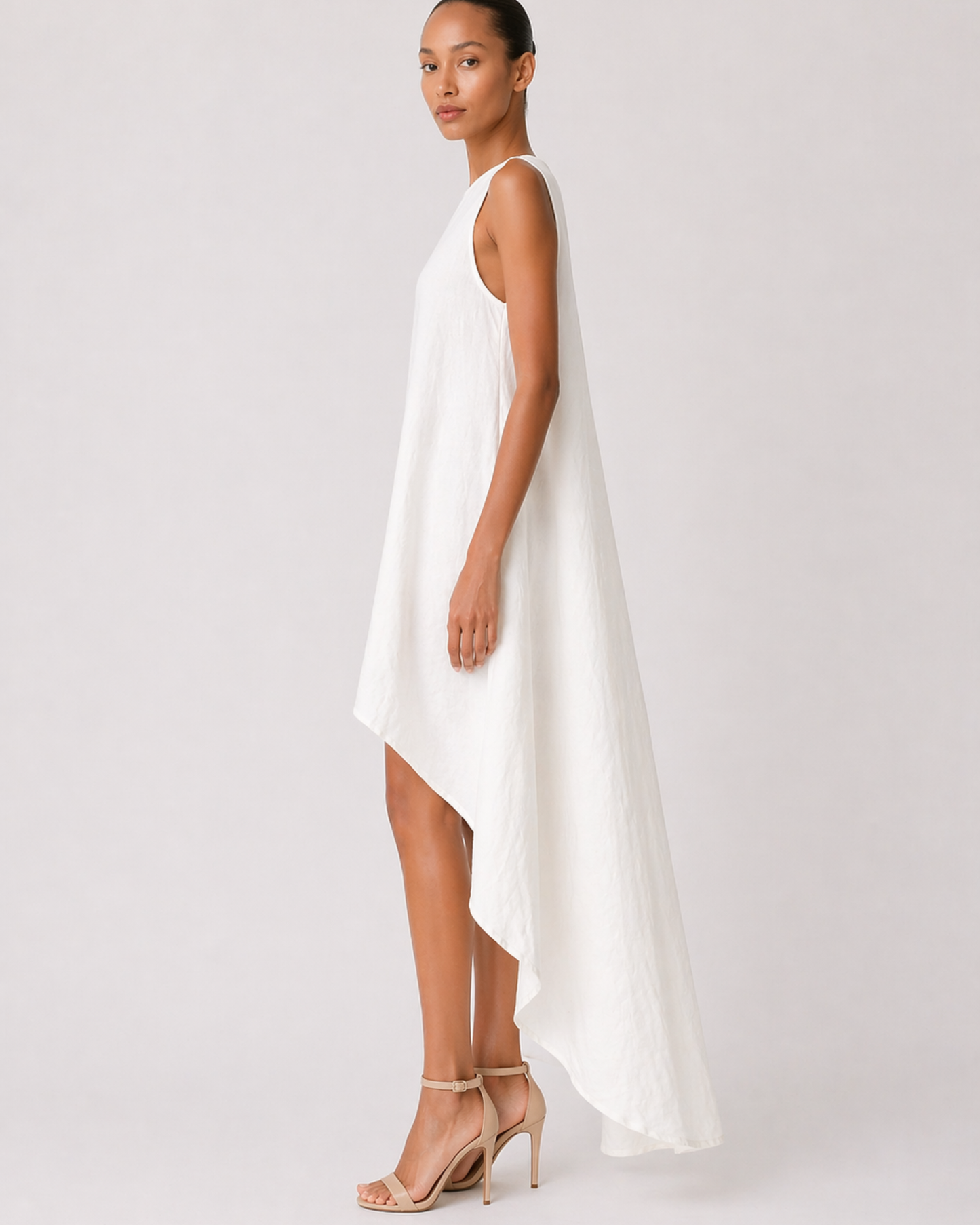 Weißes High-Low Midi Kleid ohne Ärmel