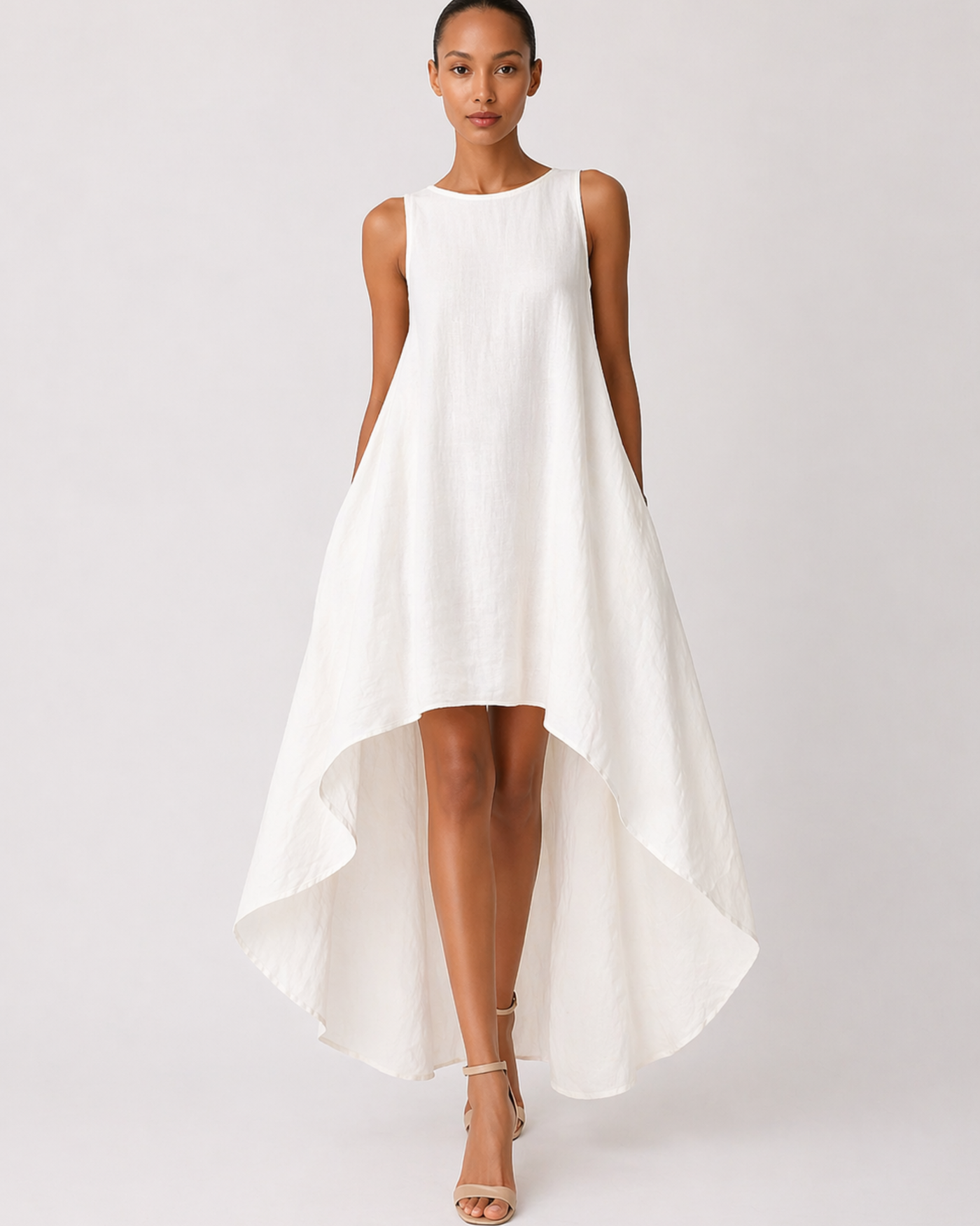 Weißes High-Low Midi Kleid ohne Ärmel