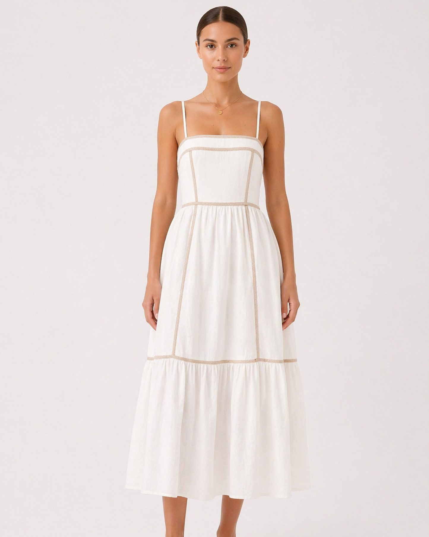 Midi Kleid mit Square Neck und Kontrastsaum
