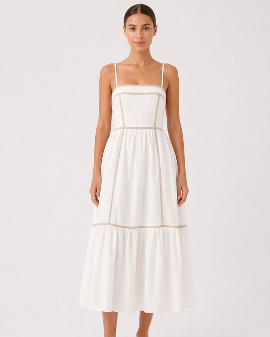 Midi Kleid mit Square Neck und Kontrastsaum