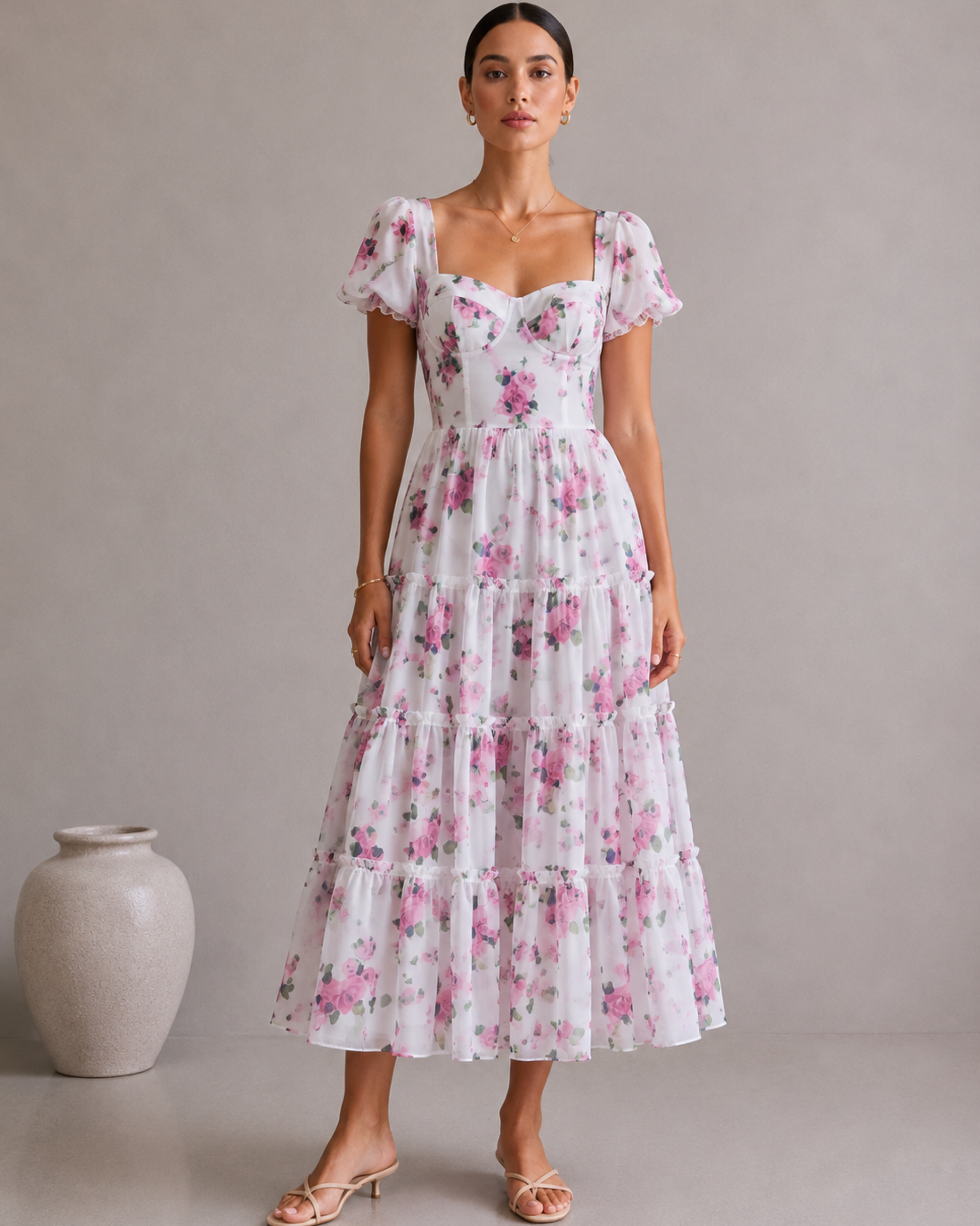 Florales Damen Midikleid mit Volantstufen und Blumenmuster
