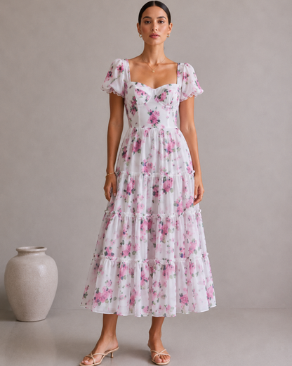 Florales Damen Midikleid mit Volantstufen und Blumenmuster