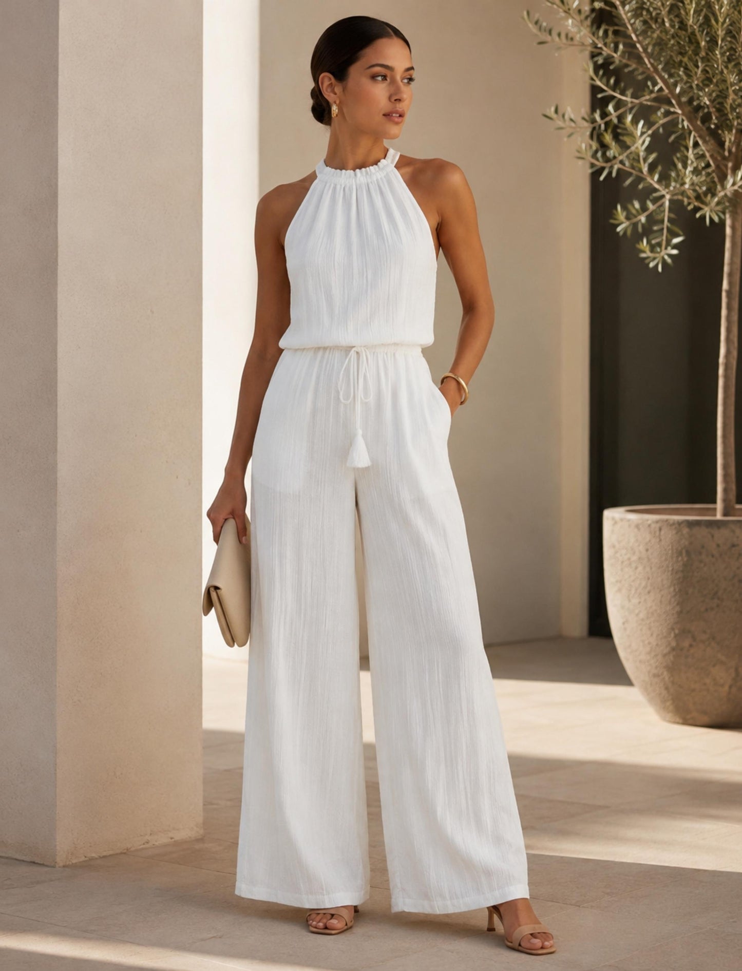 Damen Jumpsuit mit weitem Bein und Bindegürtel
