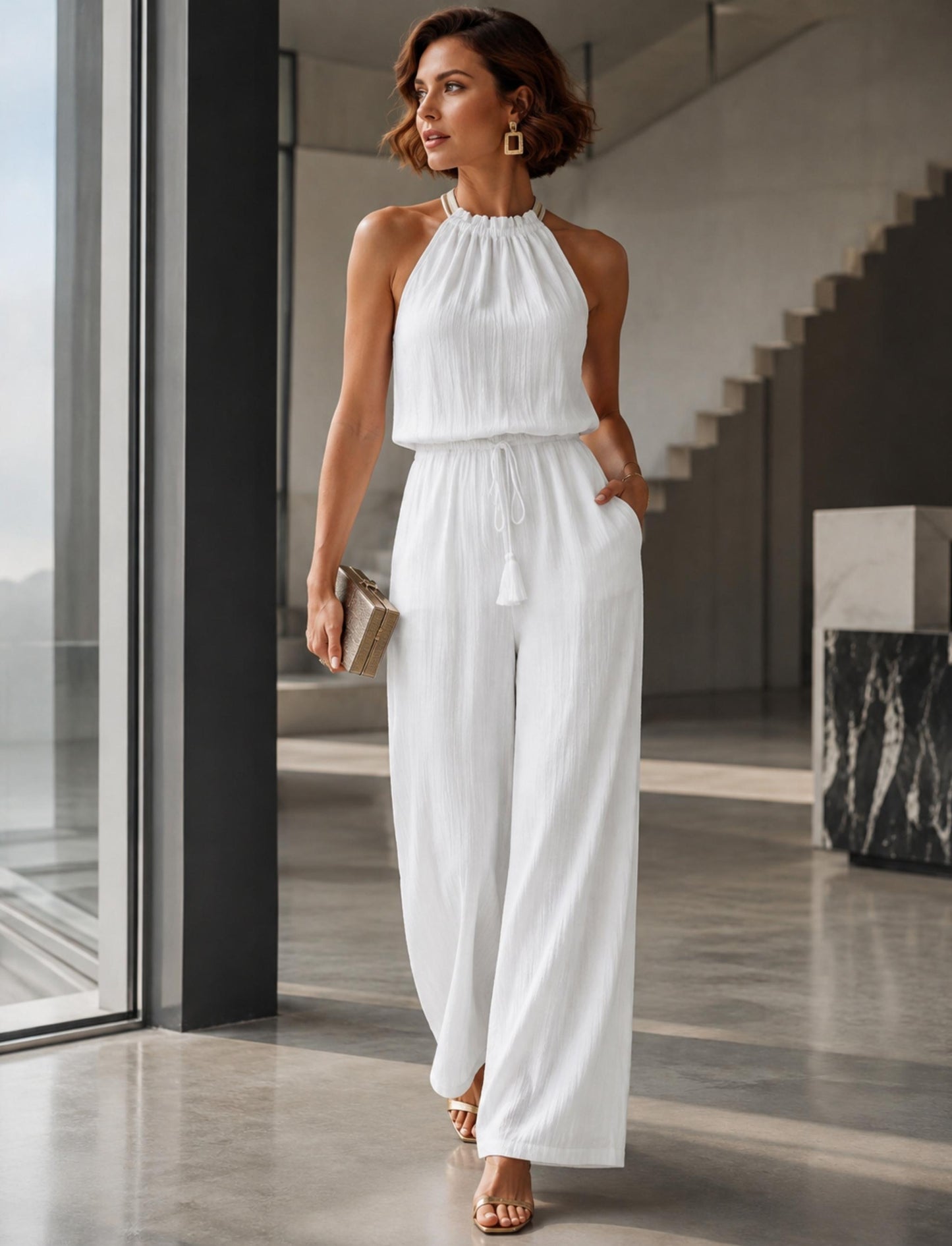 Damen Jumpsuit mit weitem Bein und Bindegürtel