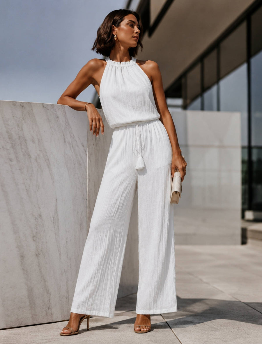 Damen Jumpsuit mit weitem Bein und Bindegürtel
