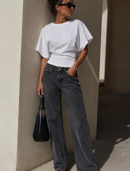 Damen T-Shirt mit Fledermausärmeln und tailliertem Bund