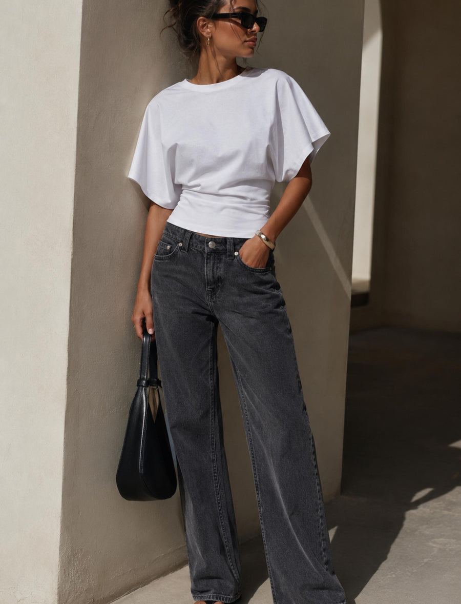 Damen T-Shirt mit Fledermausärmeln und tailliertem Bund