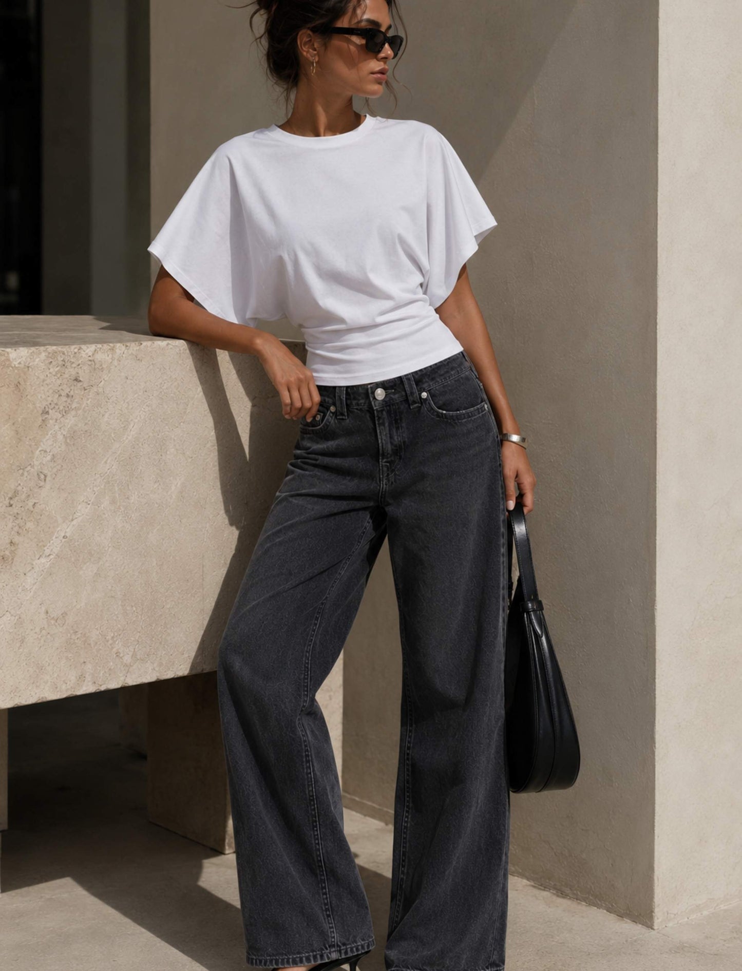Damen T-Shirt mit Fledermausärmeln und tailliertem Bund