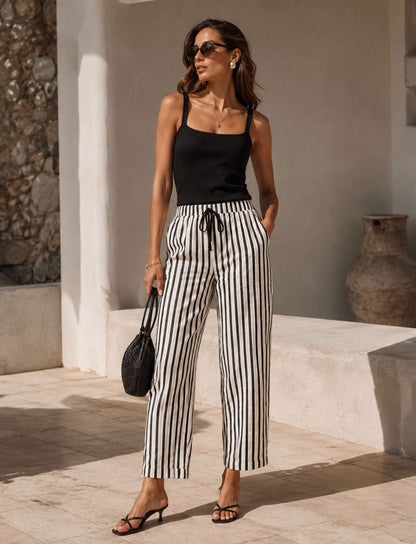 Damen Streifenhose mit hohem Bund und Bindeband