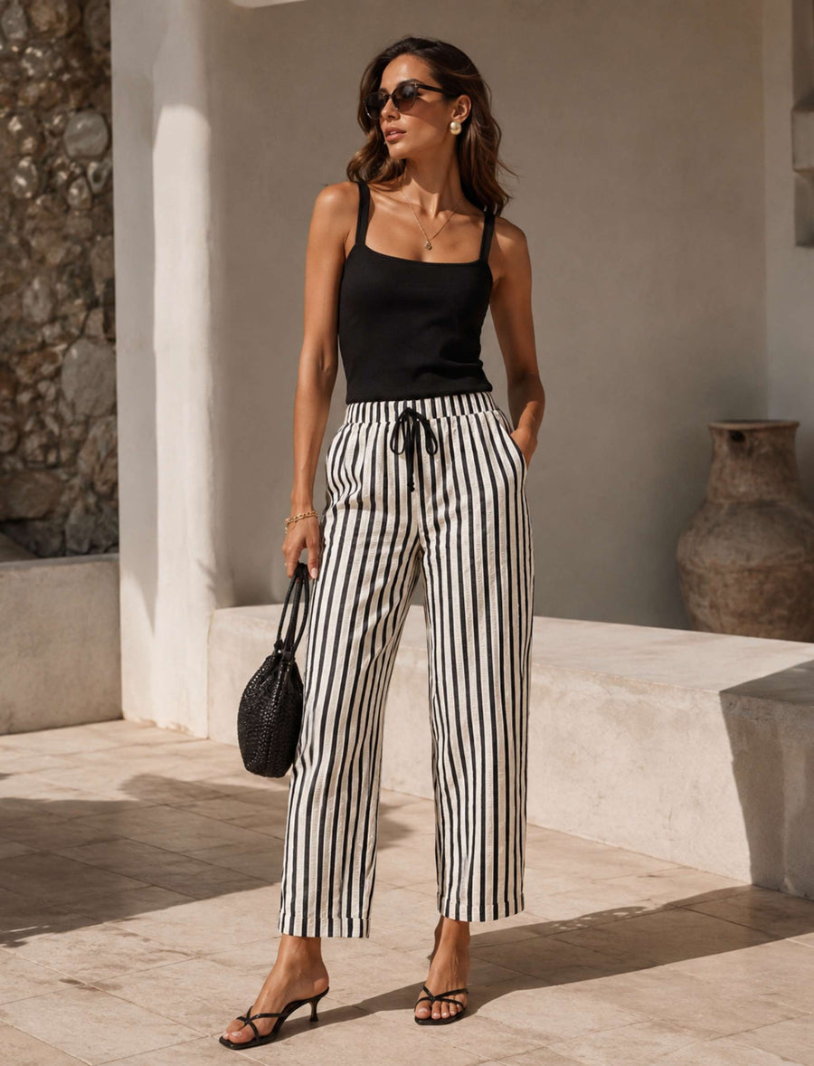 Damen Streifenhose mit hohem Bund und Bindeband