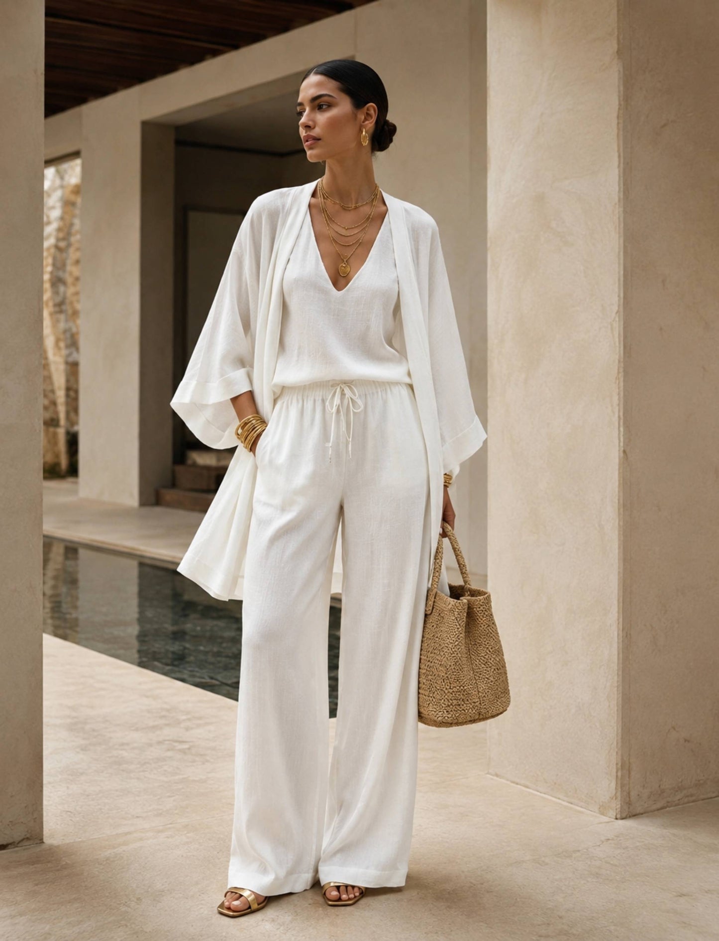 Damen 3-teiliges Set mit V-Ausschnitt, Cardigan und Hose