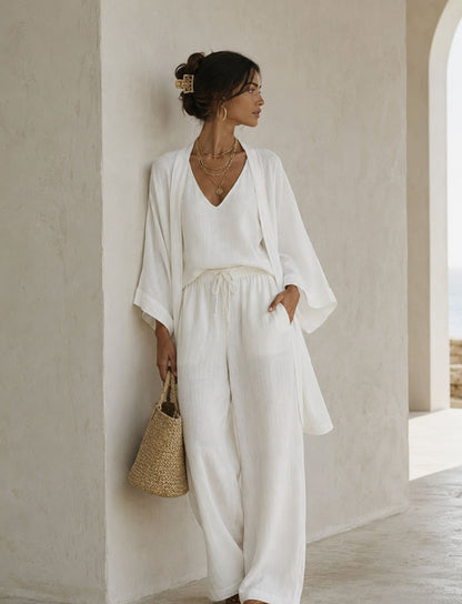 Damen 3-teiliges Set mit V-Ausschnitt, Cardigan und Hose