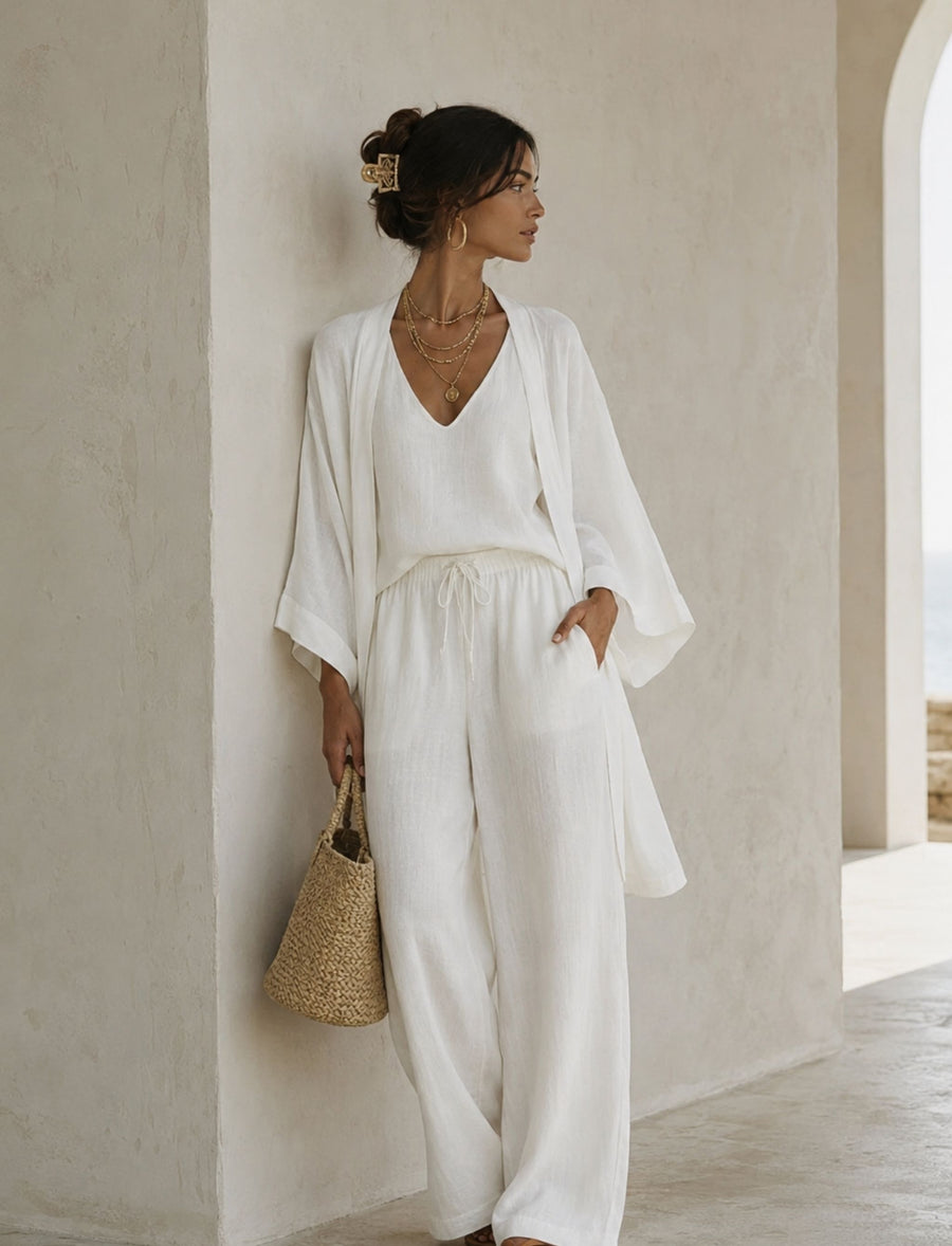 Damen 3-teiliges Set mit V-Ausschnitt, Cardigan und Hose