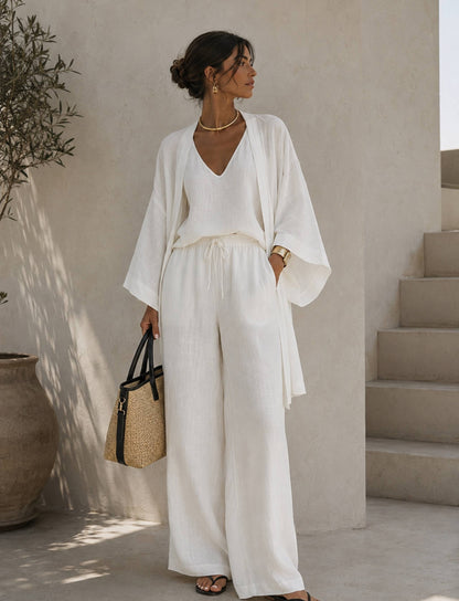 Damen 3-teiliges Set mit V-Ausschnitt, Cardigan und Hose
