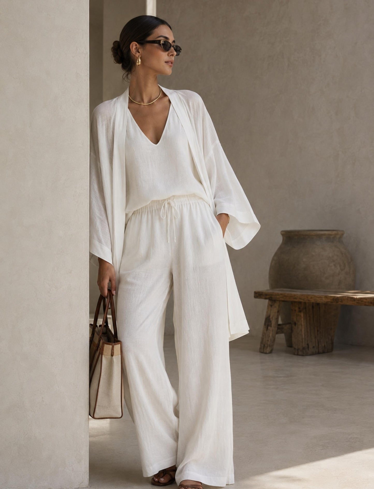 Damen 3-teiliges Set mit V-Ausschnitt, Cardigan und Hose