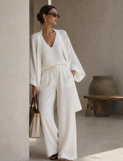 Damen 3-teiliges Set mit V-Ausschnitt, Cardigan und Hose