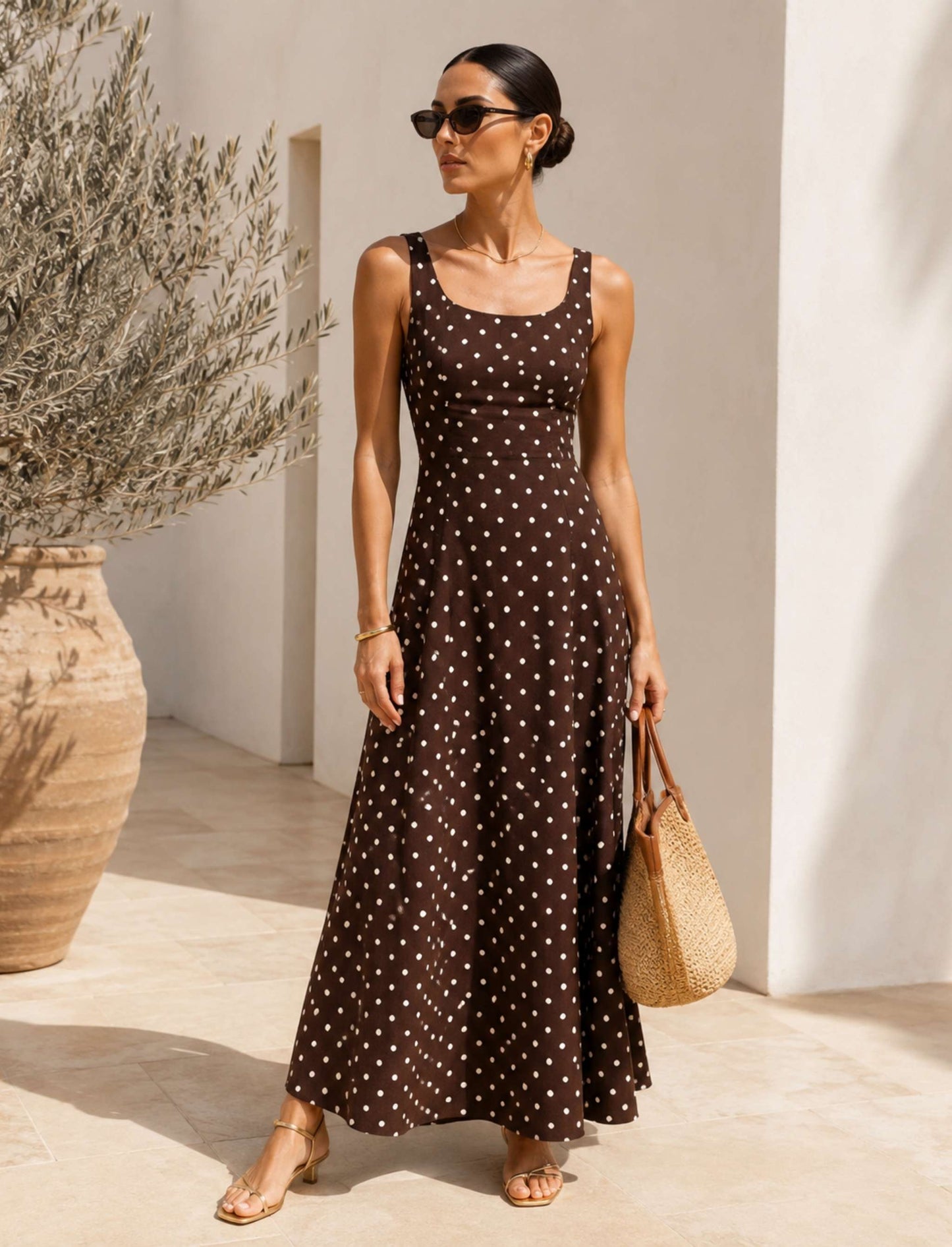 Feminin klassisches Maxikleid mit Punktemuster und eckigem Ausschnitt