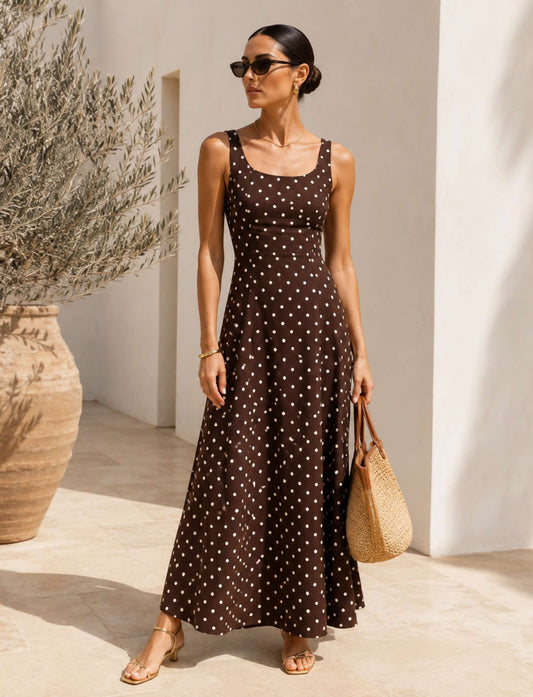 Feminin klassisches Maxikleid mit Punktemuster und eckigem Ausschnitt